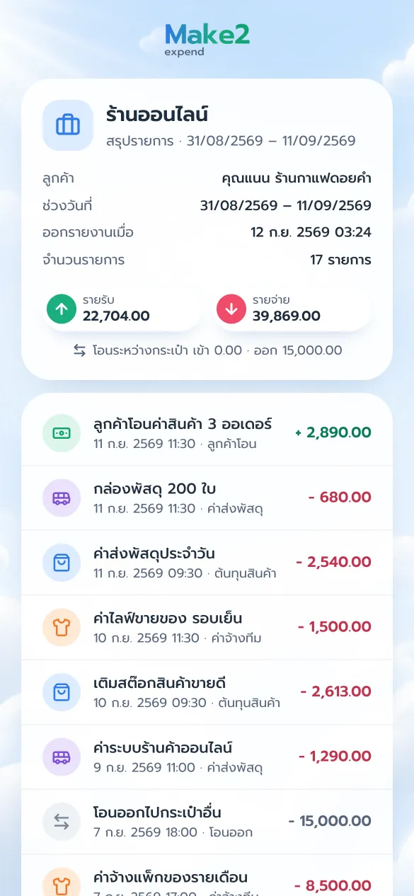 หน้าสรุปรายรับรายจ่ายที่ลูกค้าเปิดจากลิงก์
